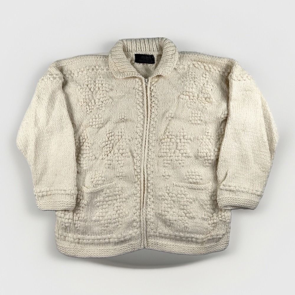 Otavalo Native American Cowichan Chunky Knit Zip Cardigan XL Fisherman Aran